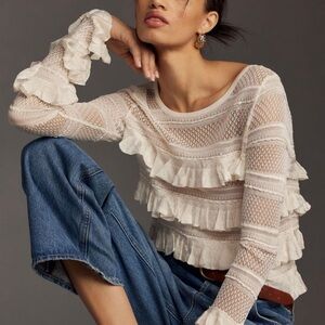 ANTHROPOLOGIE White Ruffled Crew Neck Long Sleeve Blouse NWT